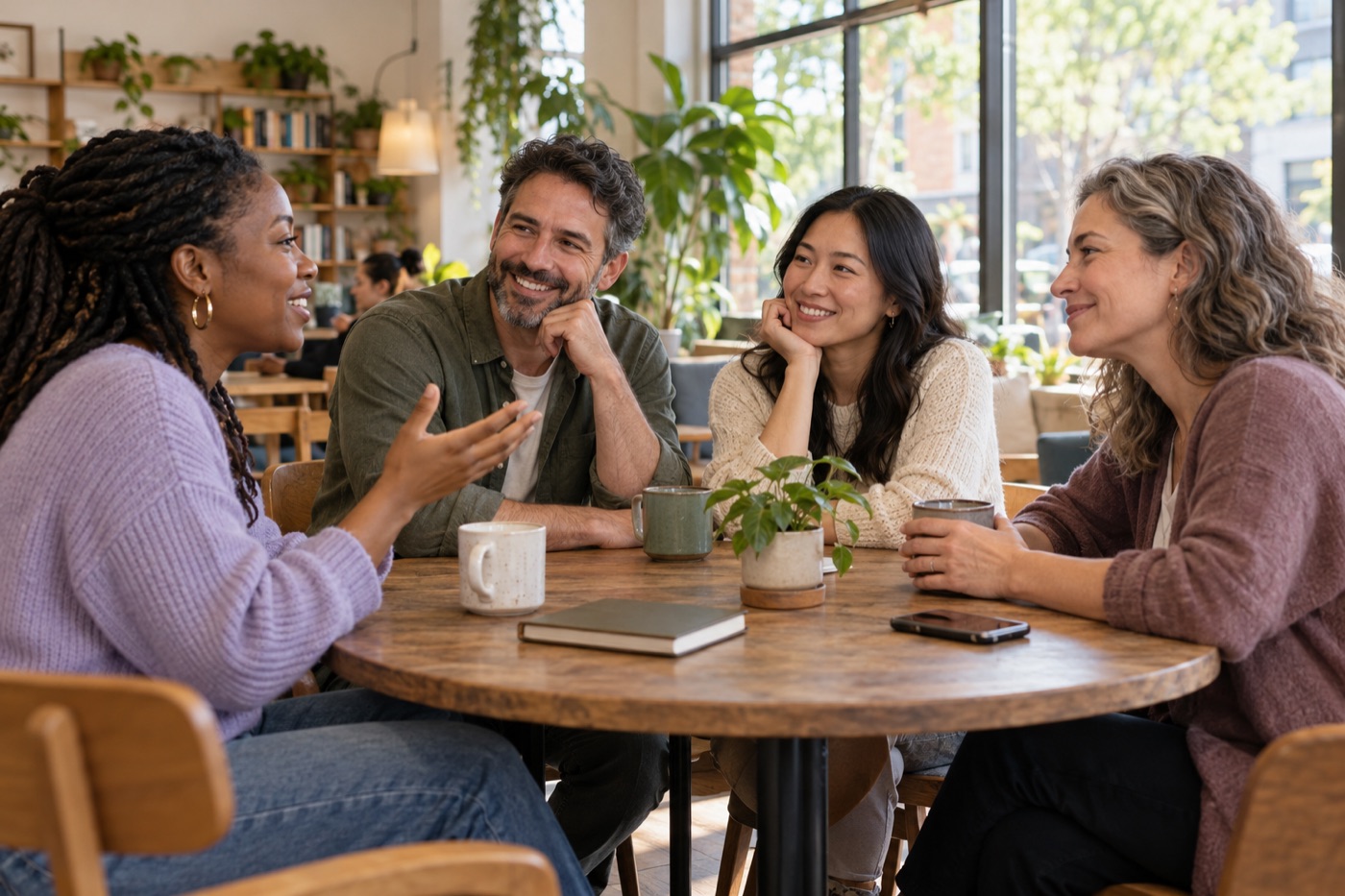 Adults sharing a conversation around a café table.